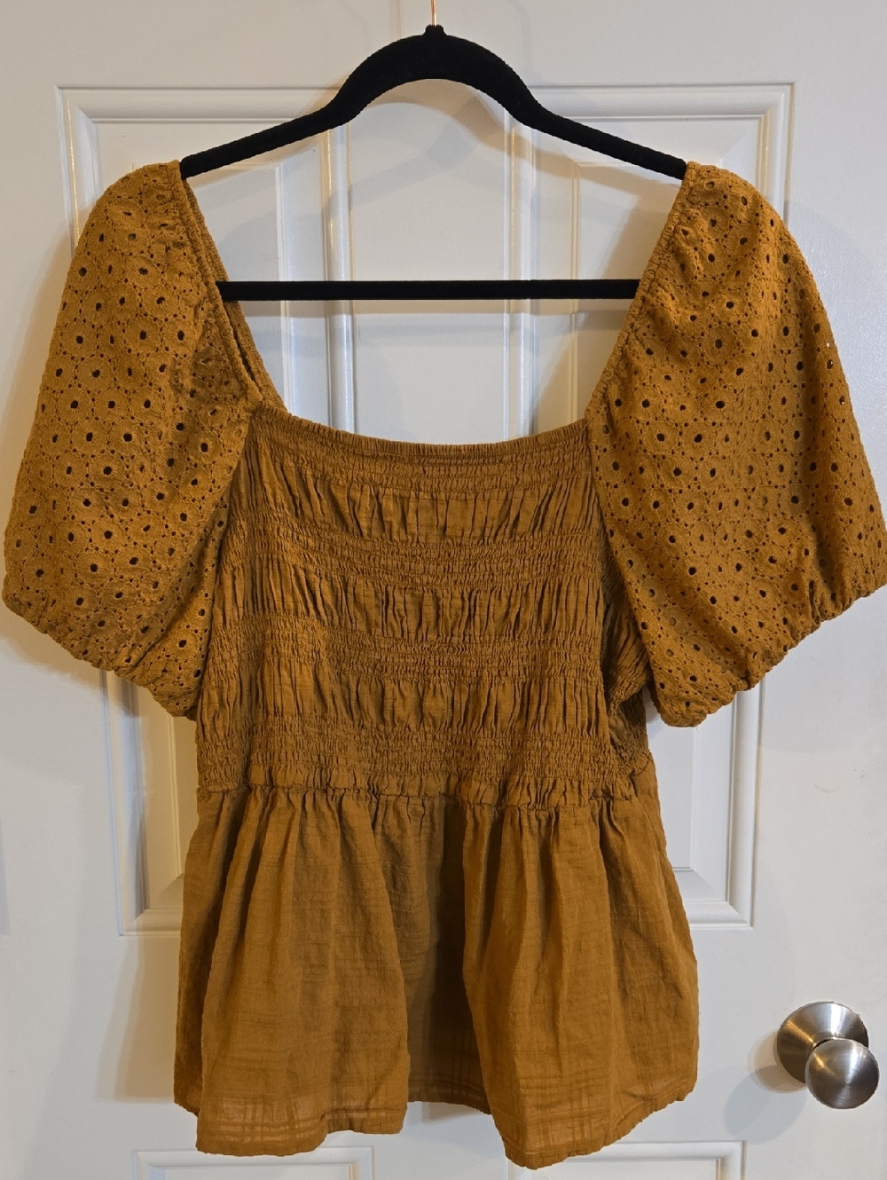 Maurices mustard smocked peplum top with puff sleeves